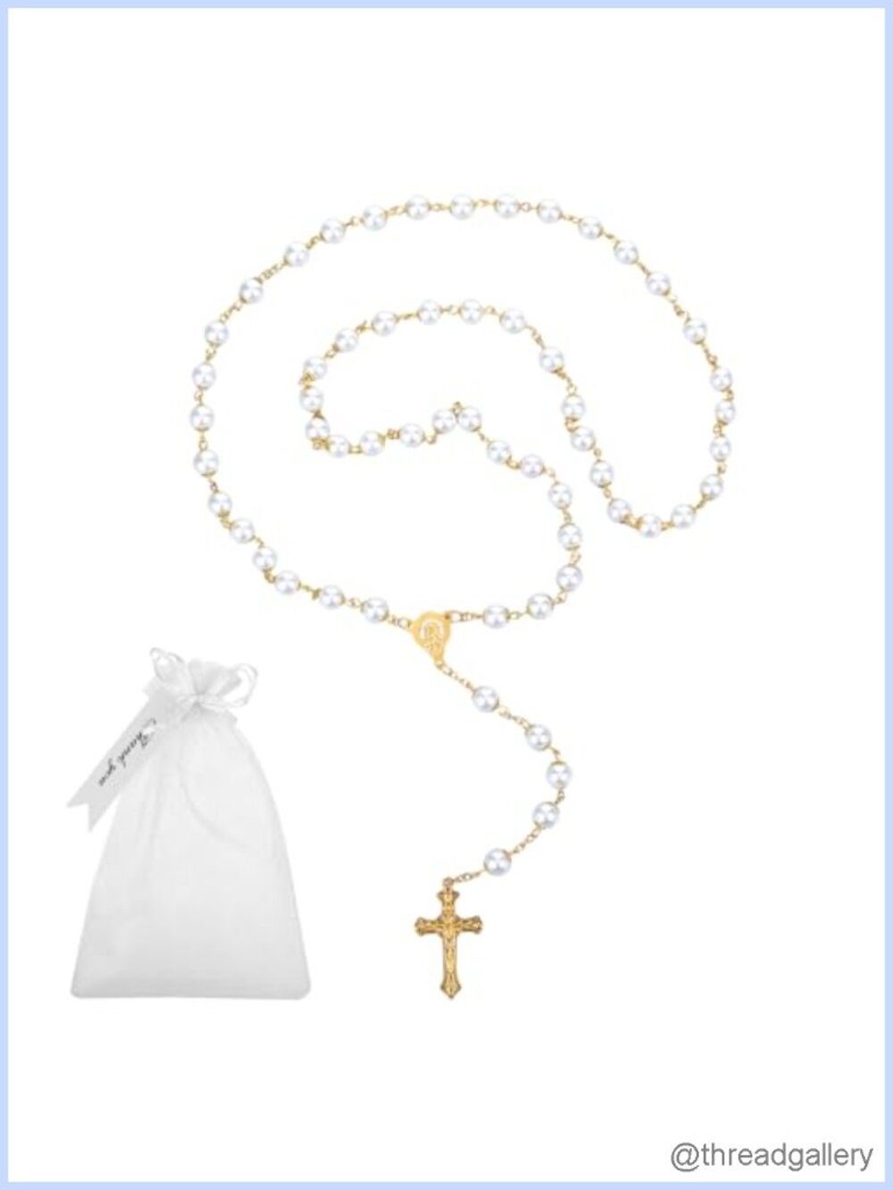 Gold White Pearl Rosary Necklace Catholic 20in with Pouch